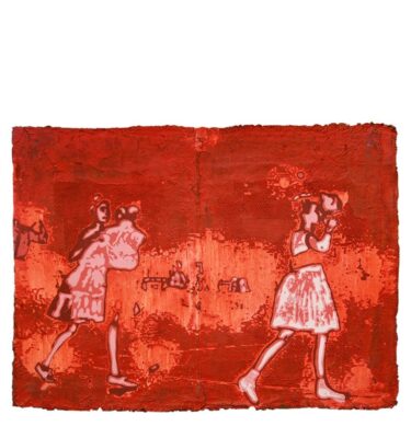 Photo of Anne Vilsbøll silkscreen on canvas sack - dance red