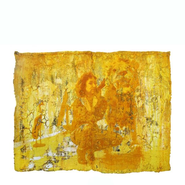 Photo of Anne Vilsbøll silkscreen on canvas sack - lion yellow